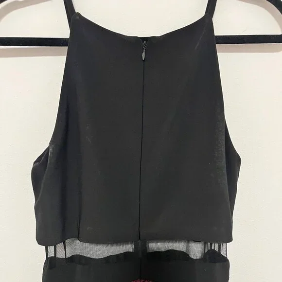 Two-Tone Black & Red Sleeveless Maxi Gown With Sheer Mesh Waist Detail And Gradi - Picture 11 of 15